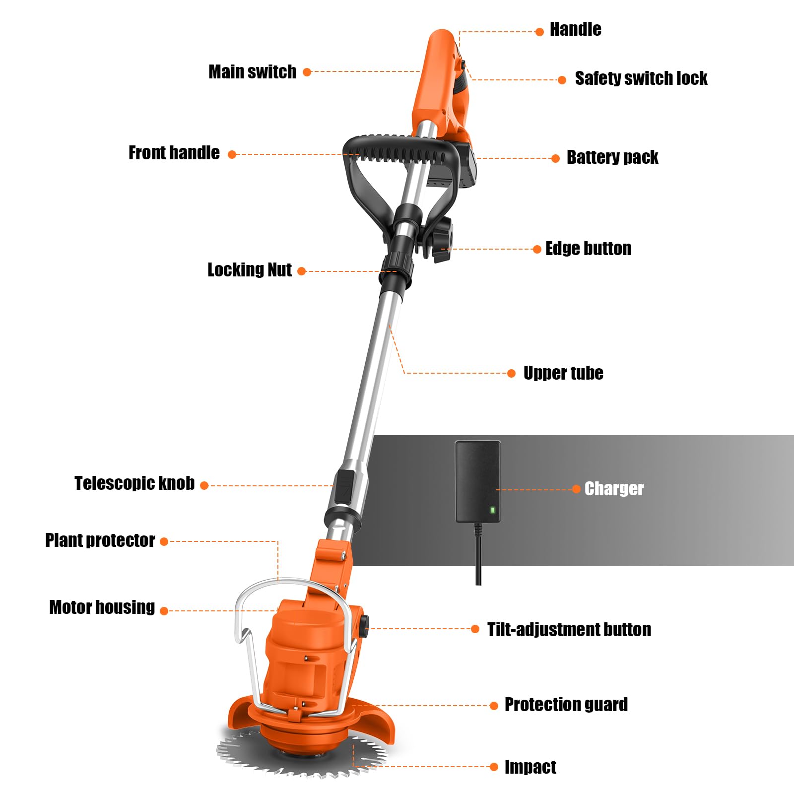 Cordless Strimmer with 4 Blades and 2 x 21V 2000mAh Battery, Garden Strimmer with Foldable Design and Adjustable Telescopic Shaft, Grass Trimmer for Lawn, Bushes and Yard - Orange — view 8
