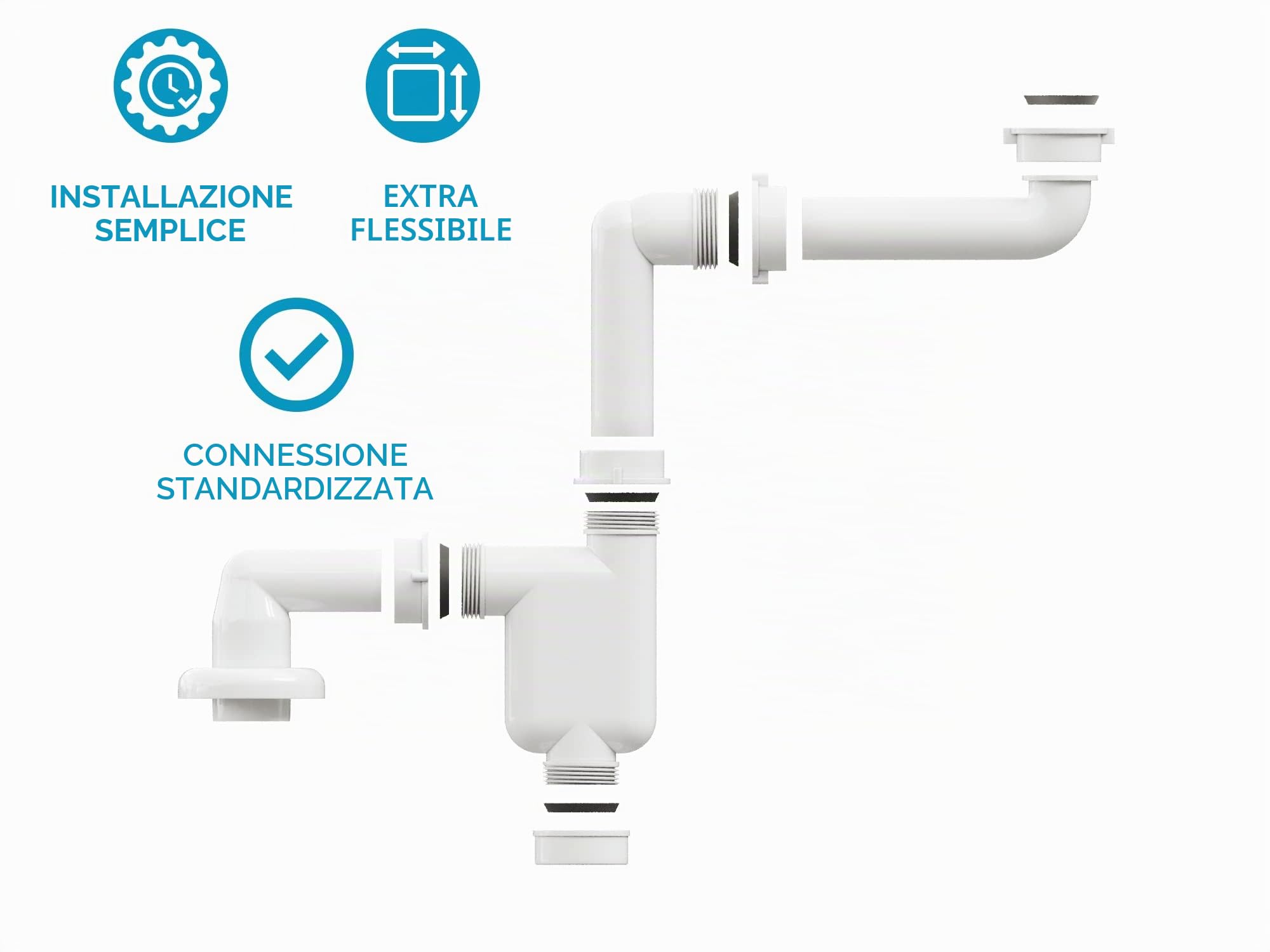 Aqua Bagno Sifone salva-spazio per lavabo - Sifone per mobili da bagno - Sifone salva-spazio - Sifone piatto - Bagno - Regolabile in modo flessibile - G 1 1/4 pollici - DN32