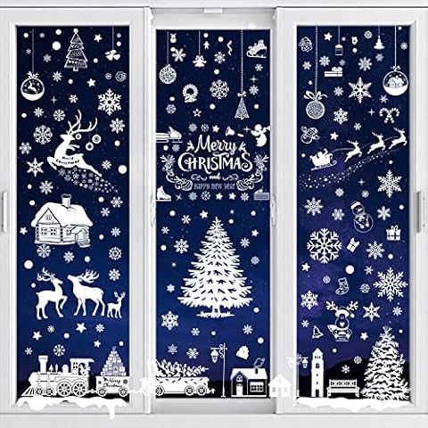 FullJoyHut 9 Sheets Christmas White Window Stickers Reusable, Double Sided Christmas Window Decorations PVC Static White Snowflake Window Stickers for Xmas Home Glass Window Decorations Cover