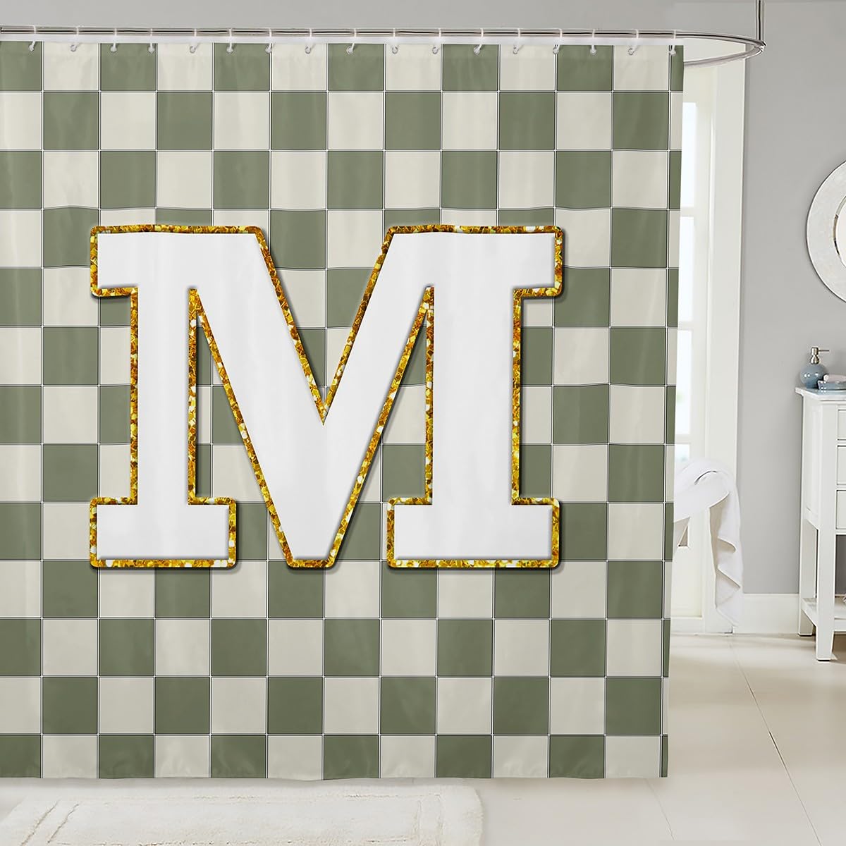 Erosebridal Sage Green Checkered Bathroom Accessories Plaid Initial M Shower Curtain Personalized Monogram Bathroom Curtain for Kids Adults 72" Wx72 L Fashion Grids Gingham Shower Decor