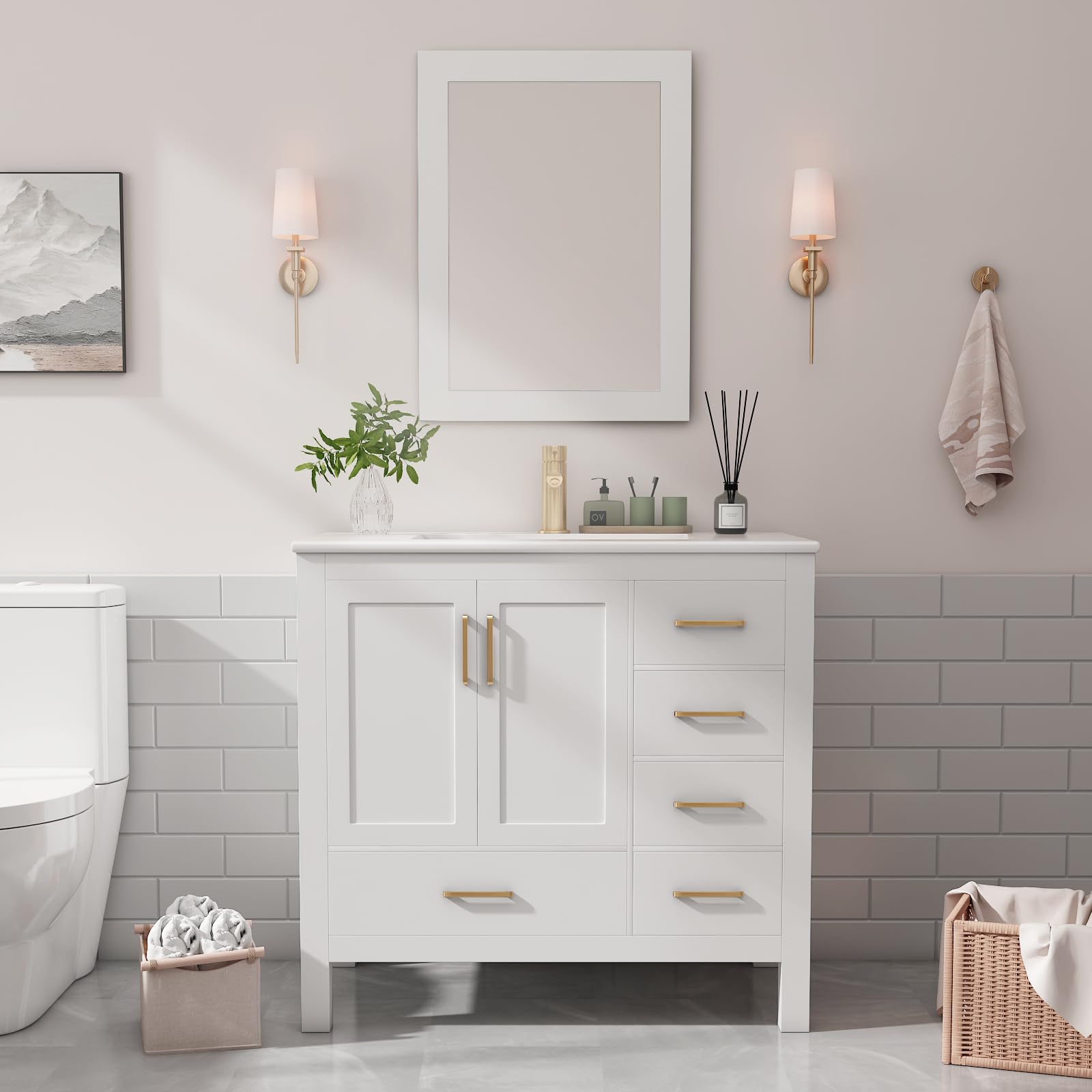 ***SIMILAR*** 36" Bathroom Vanity with Sink with Faucet, Single Sink Bathroom Vanity with 5 Drawers, Mirror, Pedestal,Ceramic Countertop, Ceramic Sink, Soft-Close Doors (White)