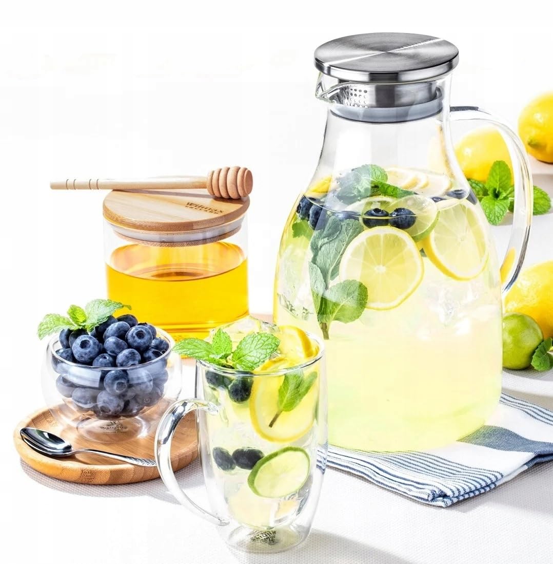 Wilmax Glaskrug 2,5L mit 6 Wassergläser 450ml im Set | Getränkeset | Wasserkrug für Saft, Wasser, Eistee, Milch | Glaskaraffe | Wasserkanne | Spülmaschinenfest | Glaskanne | Transparent