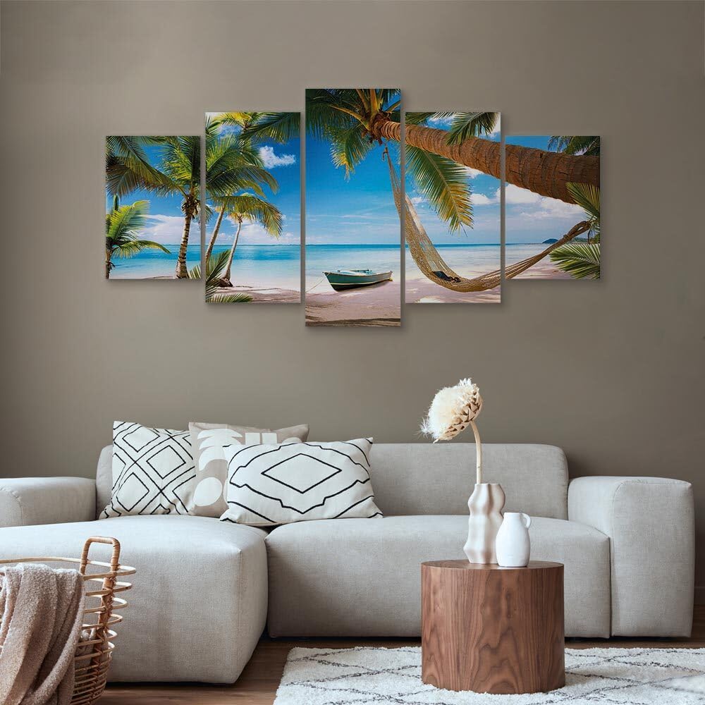 decomonkey Quadri Moderni Soggiorno Spiaggia Palme, 5 pezzi, 200x100 cm | Tela strutturata su telaio in legno, decorazione da parete, paesaggio, natura, mare, isola, Quadro Stampa su Tela