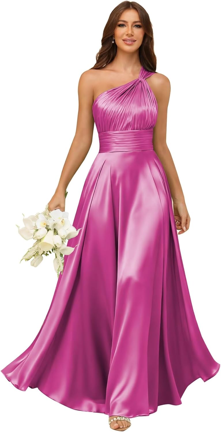 One Shoulder Bridesmaid Dresses for Women Satin A Line Pleated Formal Evening Gown with Pockets