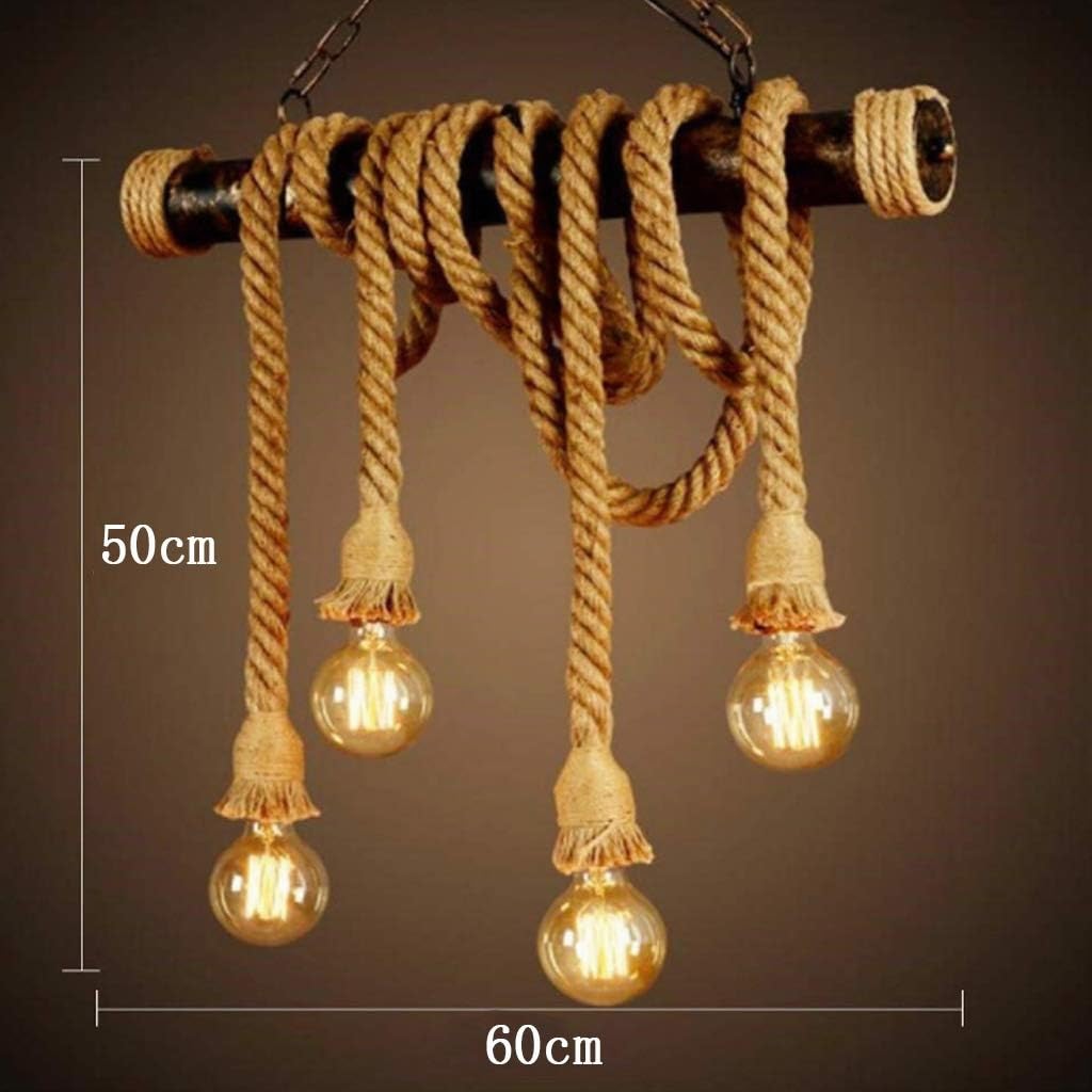 Lámparas De Araña Hierro Cuerda Cáñamo Industria Lámpara Colgante Retro E27*4 Araña De Luces Altura Ajustable Tejida A Mano Interior Living Iluminación Colgante Habitación Restaurante Bar