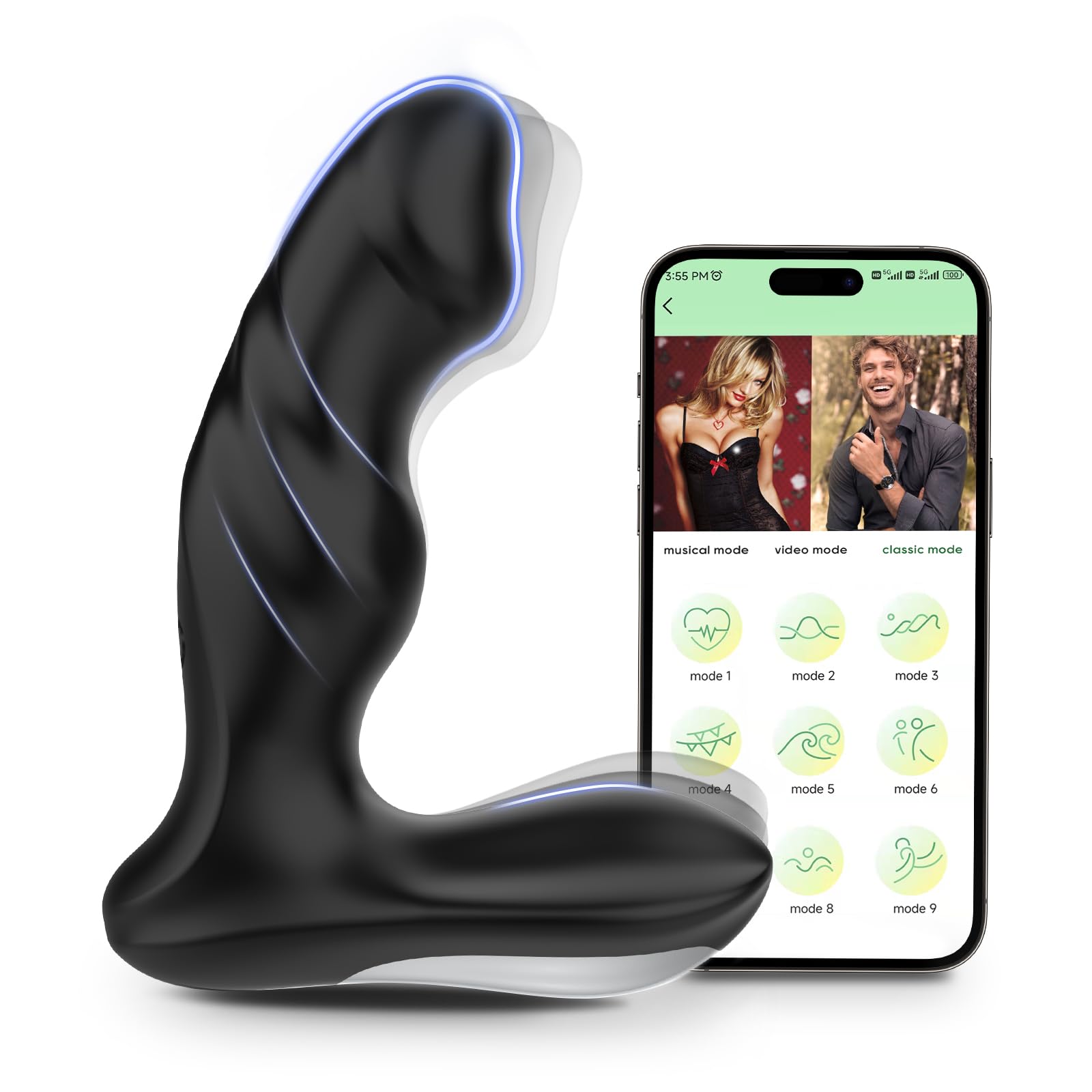 Prostate Massager Anal Vibrator Ultra-Soft Silicone Sex Toys for Men Butt Plug with 9 Vibrating Modes APP Remote