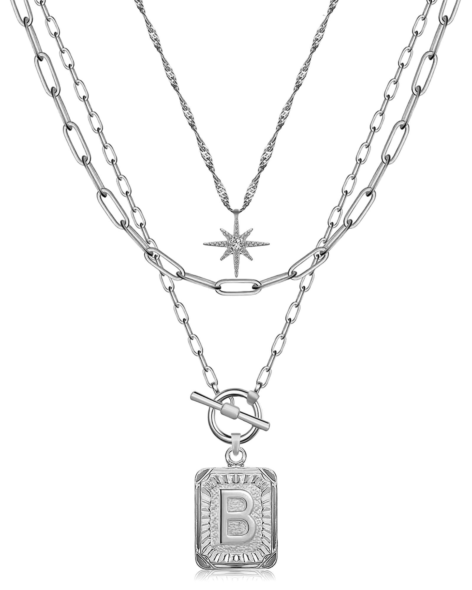 MJartoria Layered Initial Necklaces for Women Trendy, 14K Gold Plated Brass Simple Star Choker Square Letter Pendant Necklace, Paperclip Chain Necklaces Jewelry Gifts