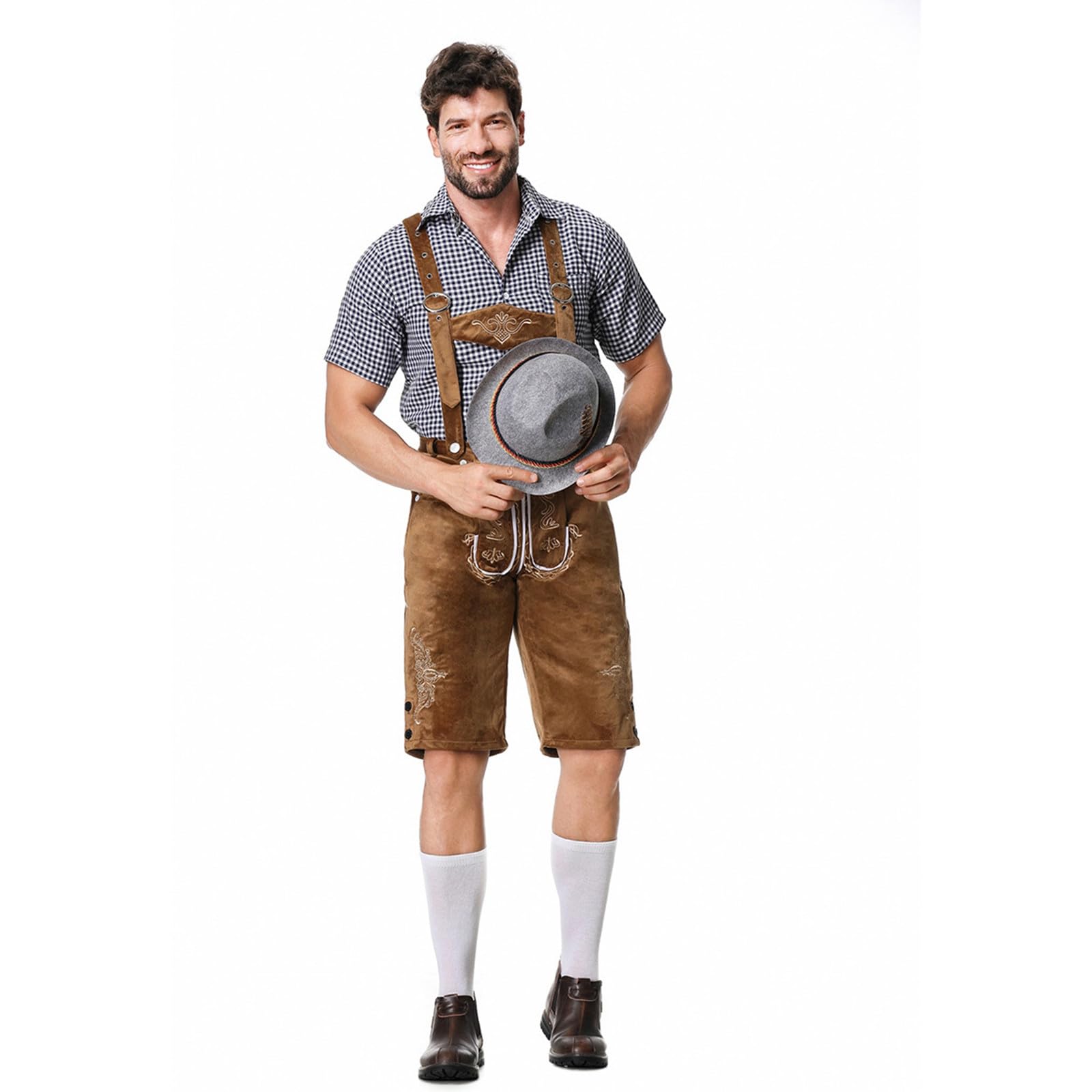 Lederhose Herren Kurz,Lederhosen Tracht Herren Oktoberfest Outfit Mit Abnehmbarem LäTzchenträGer Kariertes Trachtenhemd Und Bayerischen FilzhüTe Dunkelbraun Trachtenlederhosen FüR Bierfest