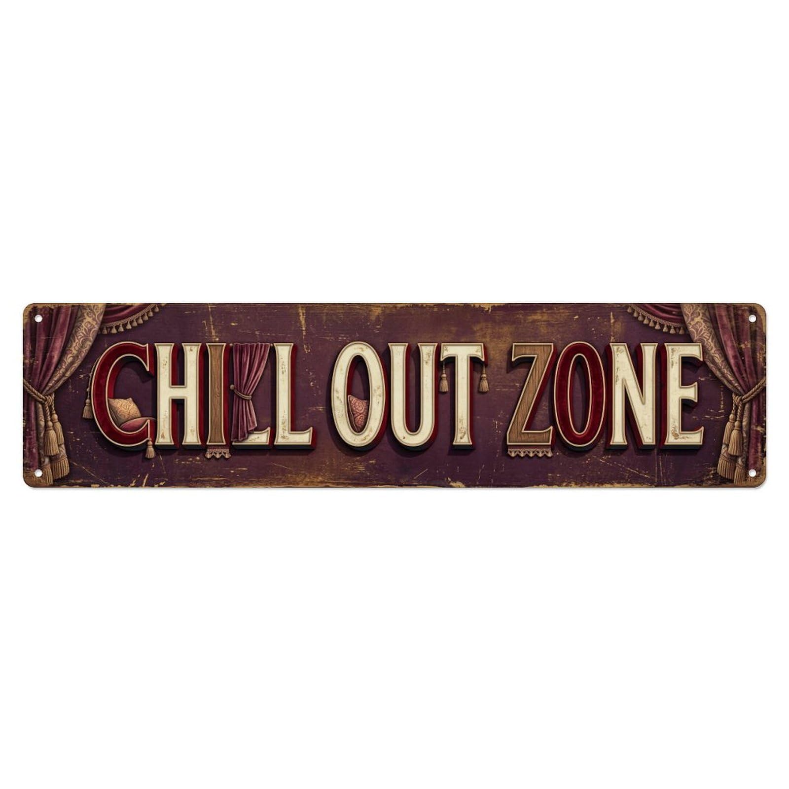 Chill Out Zone Faded Alcove 7 Metal Tin Skinny Sign Plaque Wall Decor for Cafe, Club Bar, Office, Home Garden Metal Poster 4x16Inch