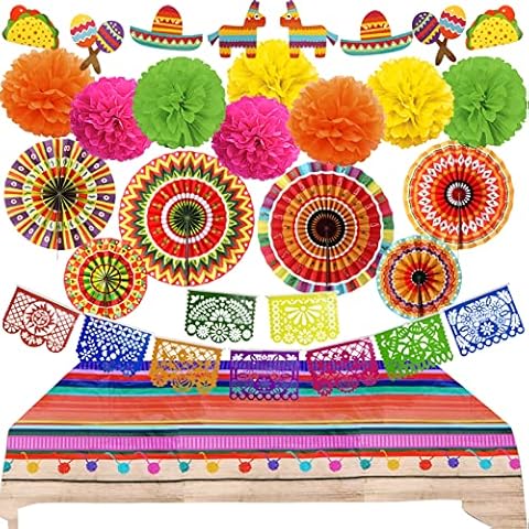 Recosis Fiesta Party Decorations, Multicoloured Tablecover Paper Fans Pompoms Decorations Mexicano Plastic Papel Picado Banner for Fiesta Mexican Cinco De Mayo Taco Birthday Party Supplies Cover