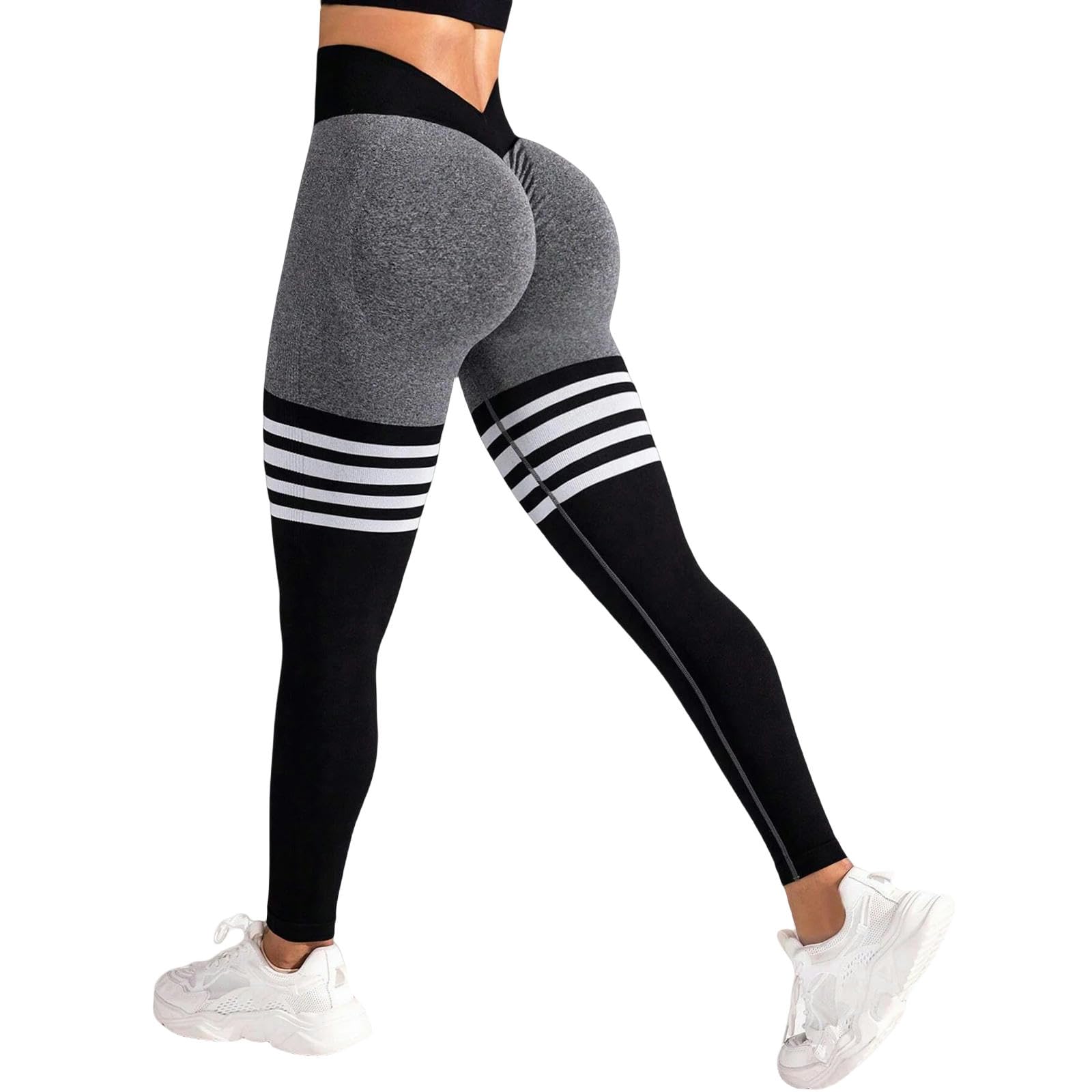 Damskie spodnie do jogi damskie legginsy z dekoltem w serek podnoszenie pośladków siłownia fitness trening sportowy elastyczne legginsy na zewnątrz spodnie do jogi sportowe-szare czarne-S