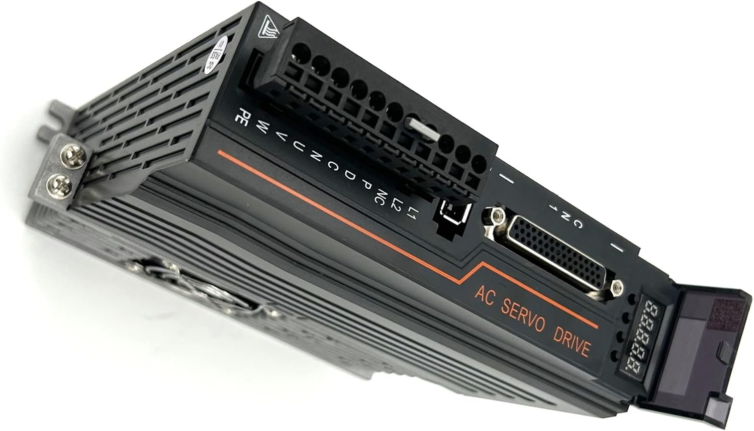 Angled top view of the T3D-L20A AC Servo Driver showing various ports and indicators