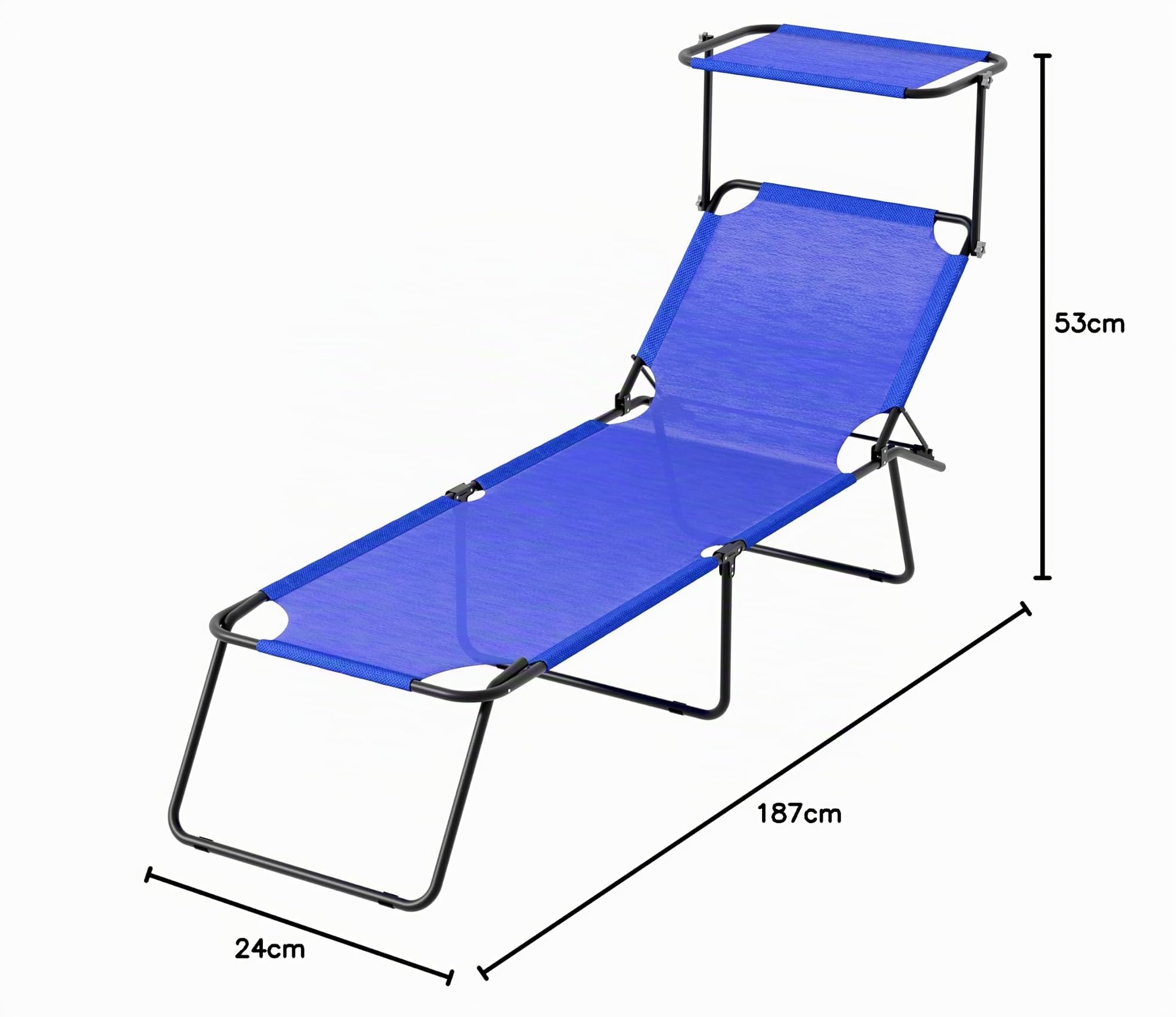 Coppia Di Lettini Pieghevoli Con Tettuccio Regolabile Prendisole Parasole Schienale Reclinabile Regolabile Struttura Metallo Nero Sedia Sdraio Spiaggia Mare Giardino Piscina 187 x 53 x 24 Cm (Blu)