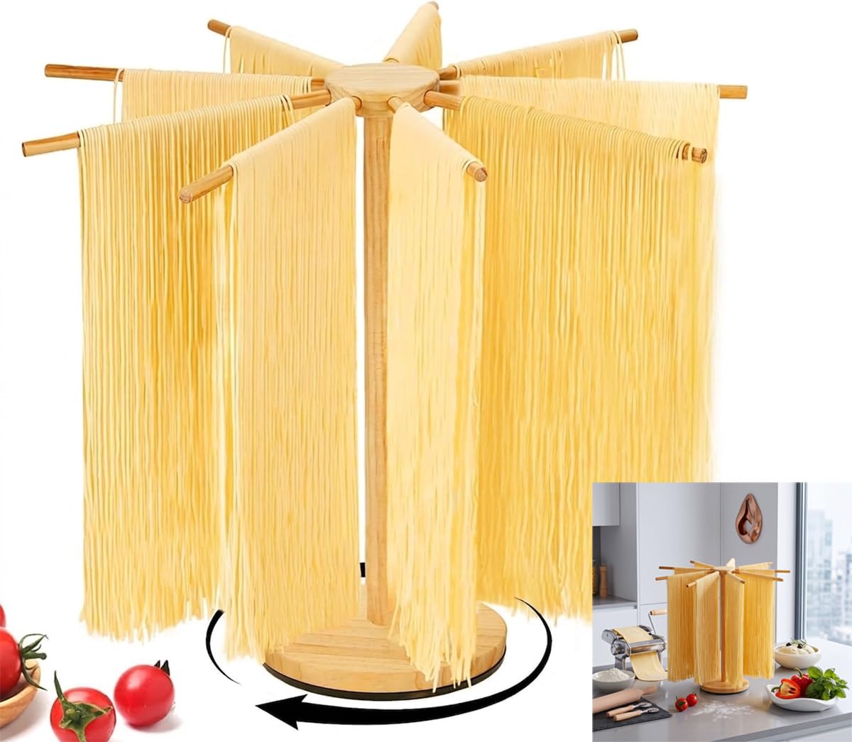 Séchoir à pâtes,Comprend 10 grilles de séchage de pâtes Amovibles | Idéal pour sécher les pâtes et les nouilles fraîches maison, tapis antidérapant inclus (couleur bois)