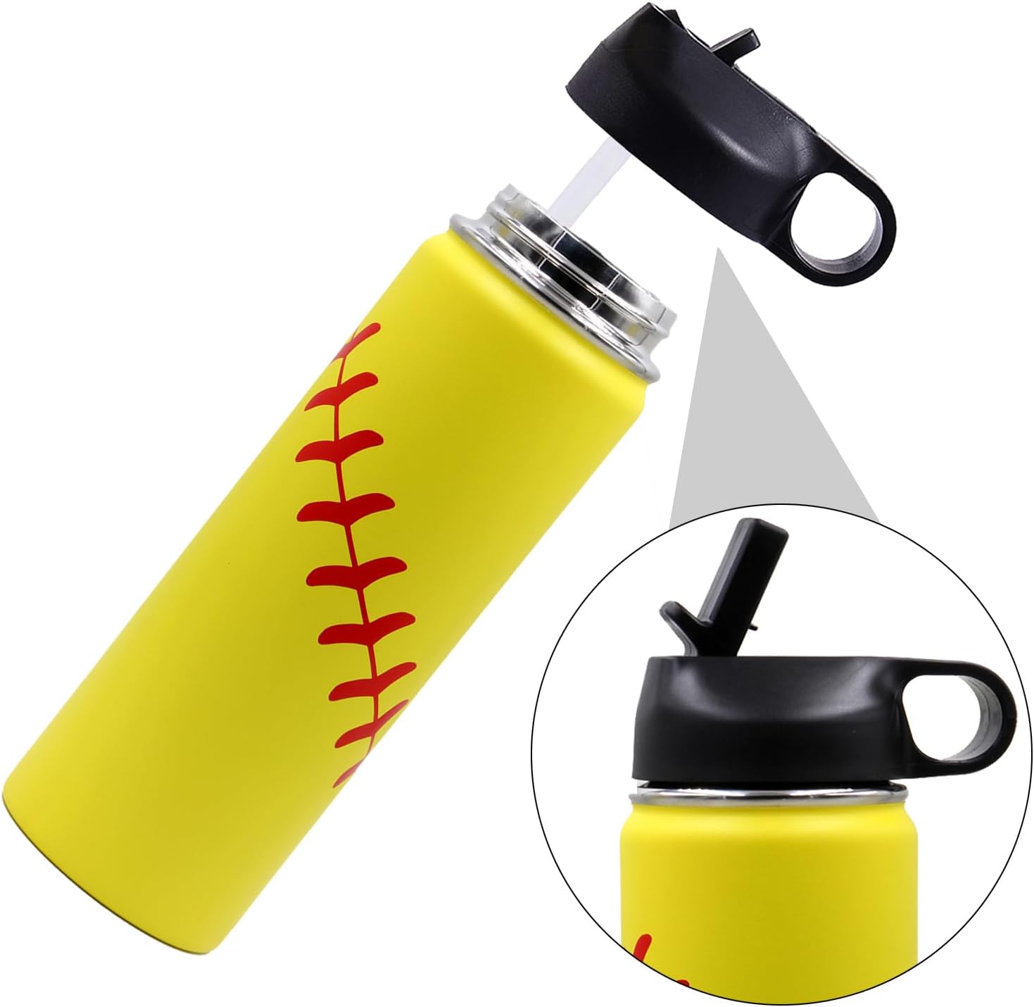 22 oz Softball Water Bottle, Wide Mouth Sports Flask Metal Travel Tumbler with 2 Lids, Stainless Steel Double Wall Vacuum Insulated Leak Proof Thermo Water Bottles, Softball Stuff Gifts for Mom Girls - Image 2