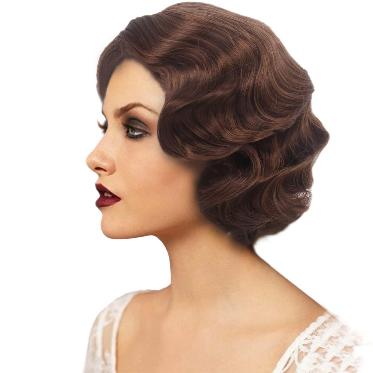 MEDISIFA Reddish Brown 1920s Wig for Women Short Finger Wave Party Wig Synthetic Full Vintage Wigs for Womens Lady Cosplay Costume Fancy Dress 20s Flapper Wig (Auburn Brown)