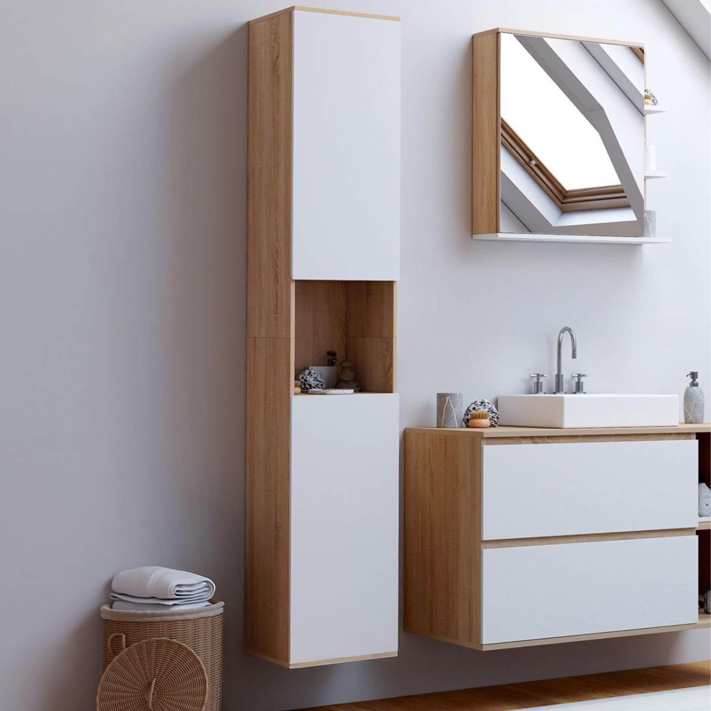 IDMarket - Meuble Colonne Salle de Bain Suspendu TOMI 2 Portes 1 Niche façon hêtre et Blanc