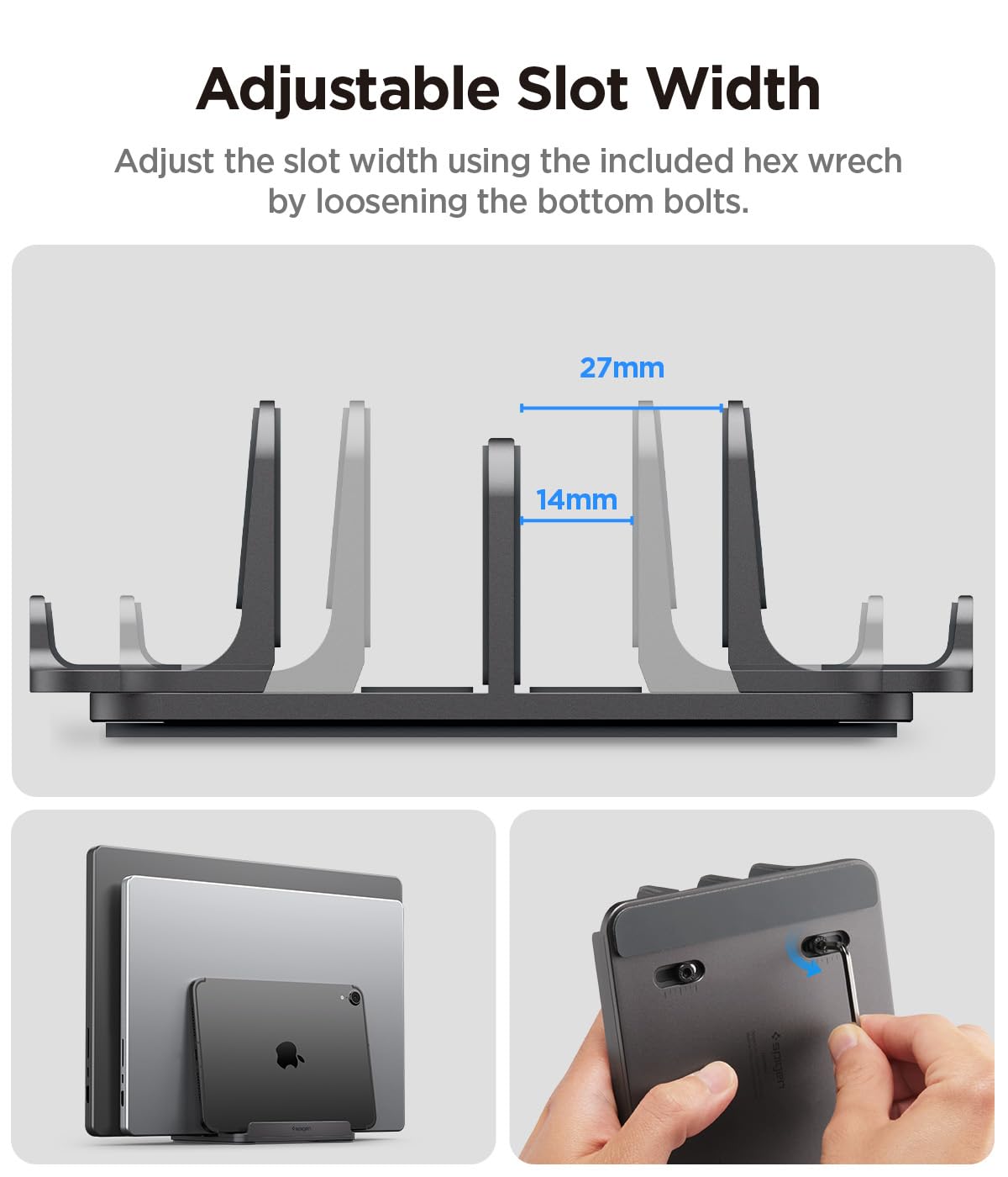 Spigen Supporto Verticale [Fino a 4 Dispositivi] con Slot Regolabili Organizzatore da Scrivania per Laptop, Tablet, Smartphone Compatibile con MacBook Pro Air Mini Neo, iPad, iPhone, Galaxy, Pixel