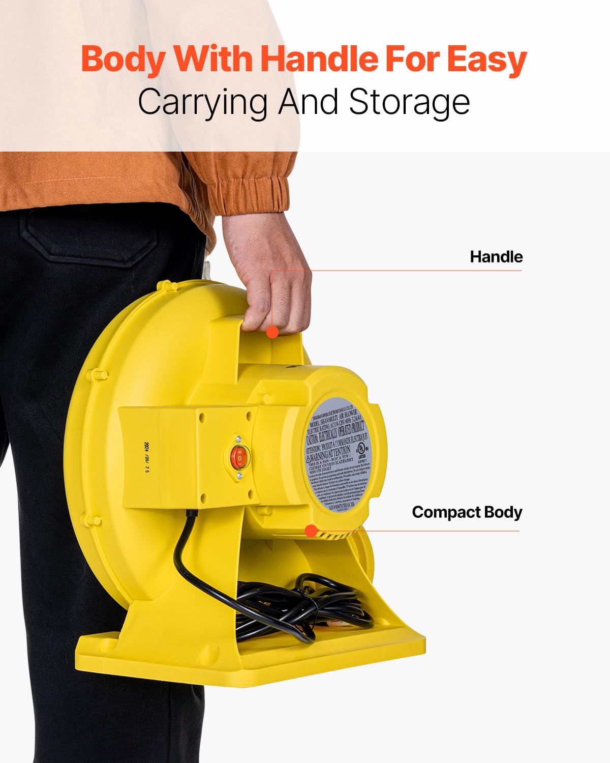 VEVOR Soplador de Aire para Castillos Inflables, 590 W y 690 W, 1,0 HP, Bomba Comercial, Ventilador Eléctrico 2750 RPM, Castillos Inflables, Toboganes de Agua, Amarillo, 360 x 230 x 370 mm