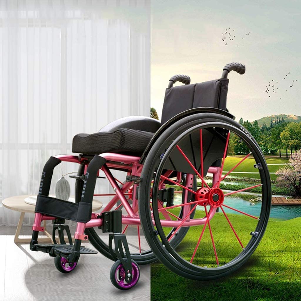 Transit Silla de Ruedas Deportiva Silla de Ruedas Manual Ligera Y Plegable con Rueda Antirretroceso Reposapiés Ajustable Y Altura Del Asiento Silla de Ruedas de Transporte Portátil/Pink/Sea