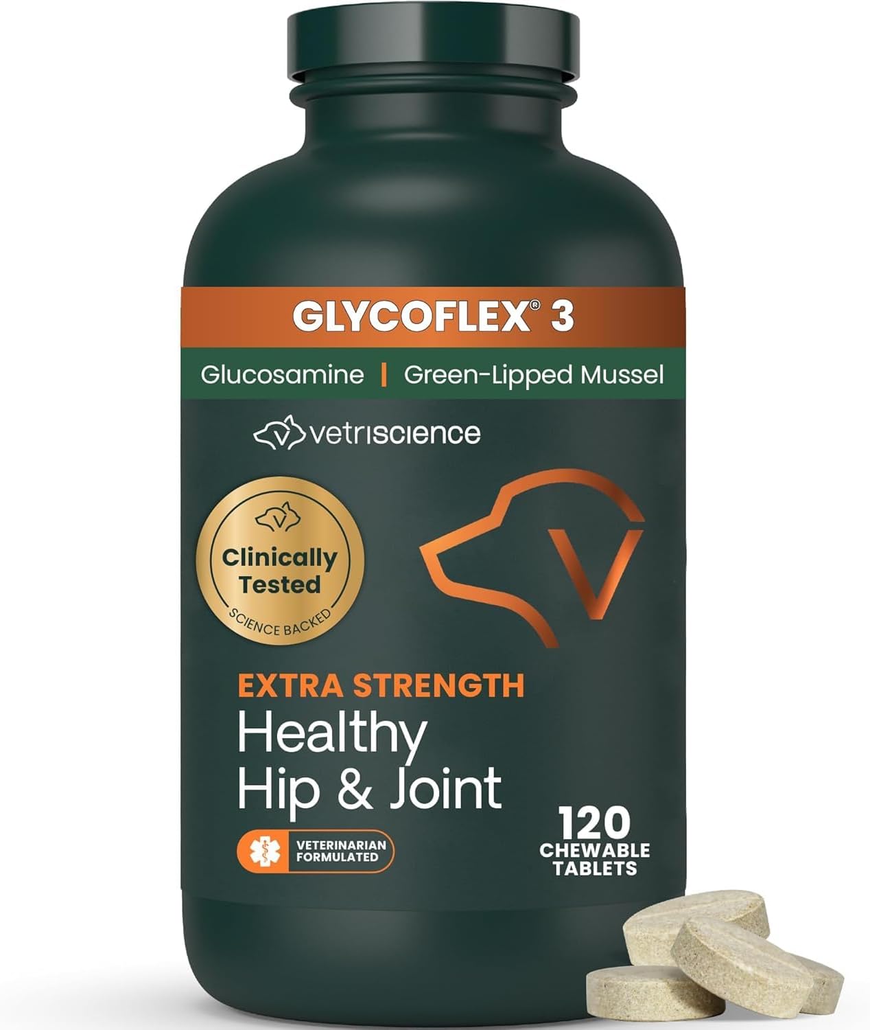 VetriScience Extra Strength Healthy Hip & Joint Chewable Tablets, GlycoFlex Glucosamine and Green-Lipped Mussel Joint Support Supplement for Dogs, Soothe Joint Discomfort, Chicken, 120 Count