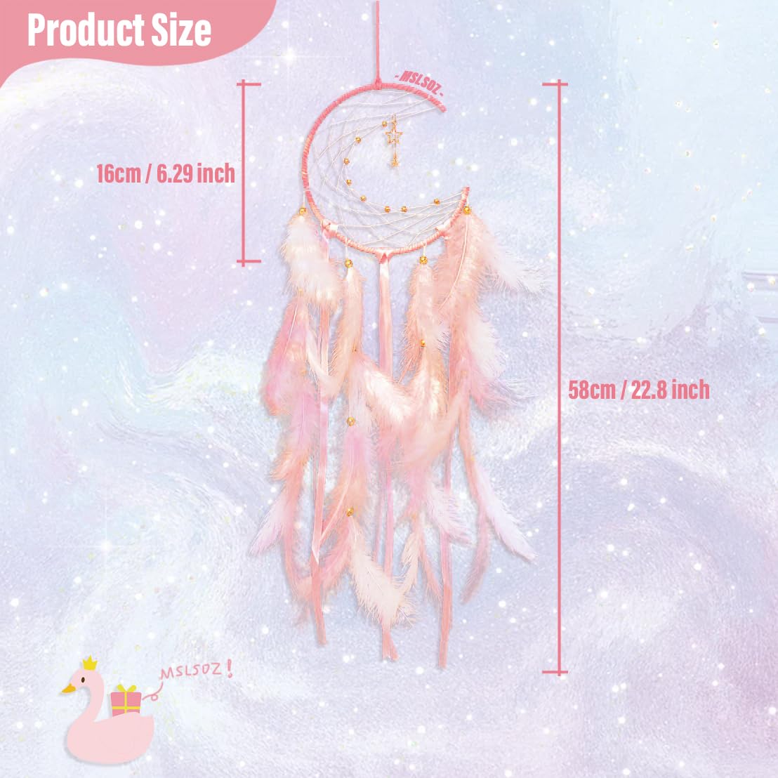 Attrape-rêves en forme de lune rose avec pendentifs en forme d'étoile et pompons en ruban et plumes 2 couleurs - Parfait pour chambre de fille, décoration d'intérieur, cadeau d'anniversaire et