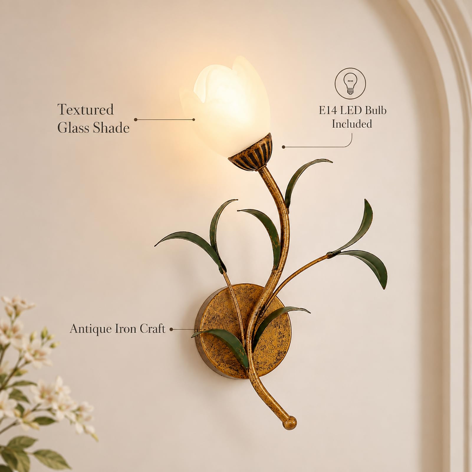 Vintage Blumen-Wandleuchte E14 inkl. 12W LED, Wandlampe aus Glas und Eisen, 3 Lichtfarben 3000K/4500K/6000K, kupferfarben für Schlafzimmer Wohnzimmer Flur,Left | 1