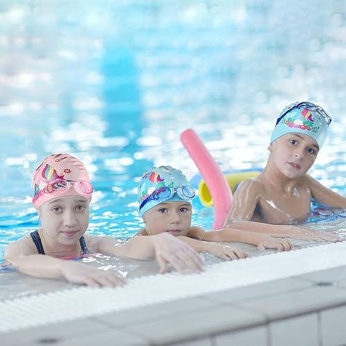 Miniatura 7 de 4 gorros de natación para niños, de silicona, impermeables, de 2 a 12 años, lindos gorros de natación con gafas para cabello largo y corto para