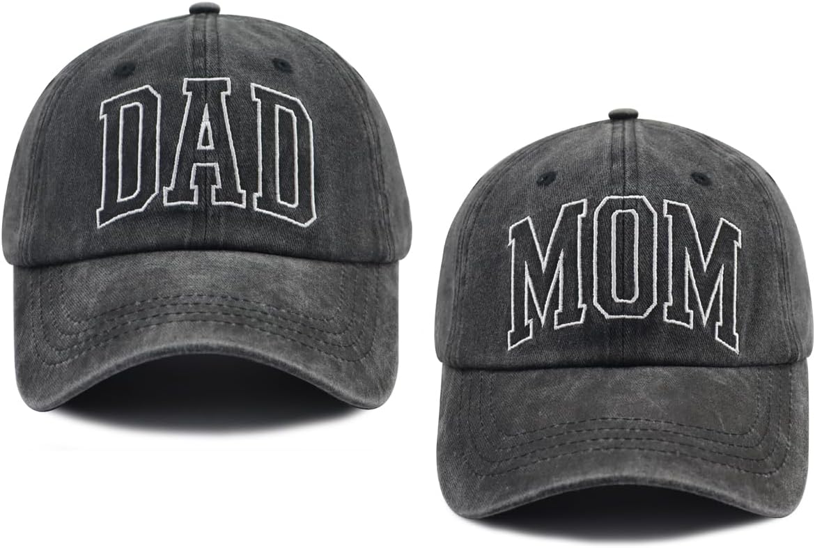2PCS Mom and Dad Gifts Hats, Adjustable Cotton Embroidered Mom Dad Baseball Cap for Women Men