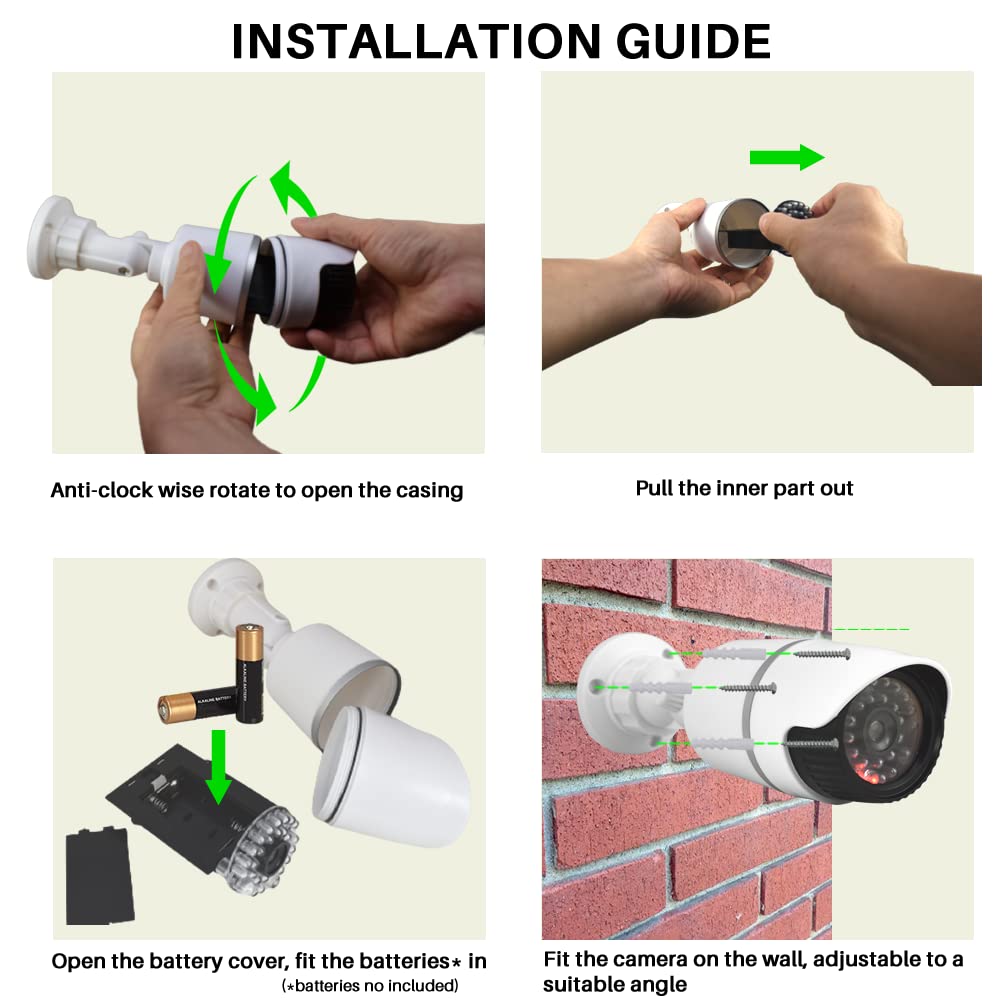 JUSTOP Cámaras CCTV falsas, 2 cámaras de seguridad falsas con LED intermitente, impermeables para uso en interiores o exteriores, carcasa profesional en blanco y negro (paquete de 2 unidades)