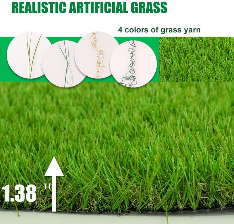 Miniatura 4 de Alfombra de césped artificial de 5 x 8 pies para interiores y exteriores, 1.38 pulgadas de altura de pelo de césped artificial realista con agujeros