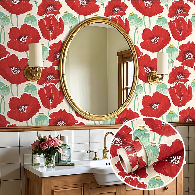 Stickyart Blumen Tapete Selbstklebend Rot Landhausstil Retro 44.5cmX700cm Selbstklebende Tapete Schlafzimmer Wandtapete Selbstklebend Wohnzimmer Klebetapete Flur Tapeten für Esszimmer Blumentapete