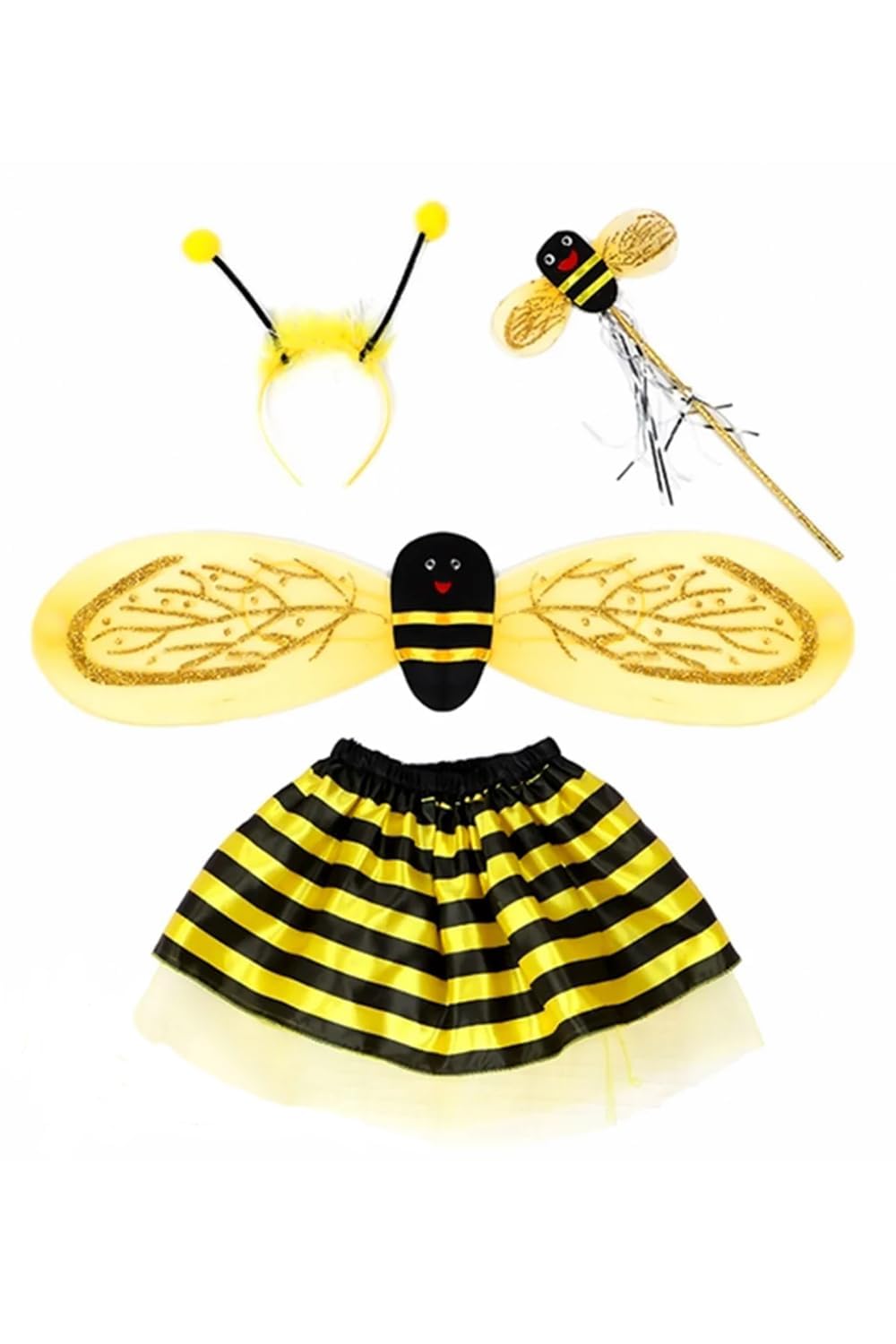 WickedFun 4 Piece Kids Bee Costume Set, Children Girls Bee Wing, Striped Skirt, Wand & Antenna Headband Dress Up Accessories For Halloween Role Play Cosplay Dress Up Party