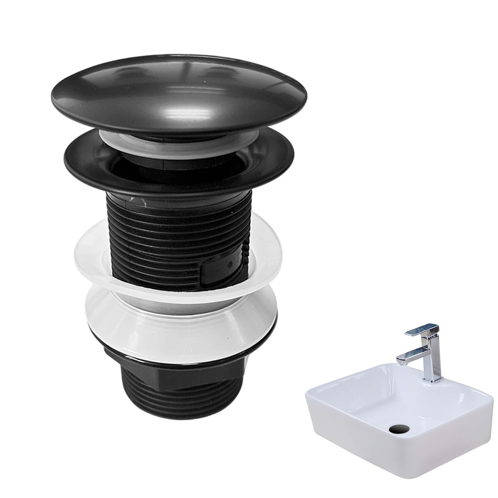 Piletta Lavabo Senza Troppopieno Universale 1 1/4“ Pollice - Valvola di Scarico Click Clack per Lavabo e Bidet in Nero, Facile Installazione e Drenaggio Rapido, Materiali di Alta Qualità