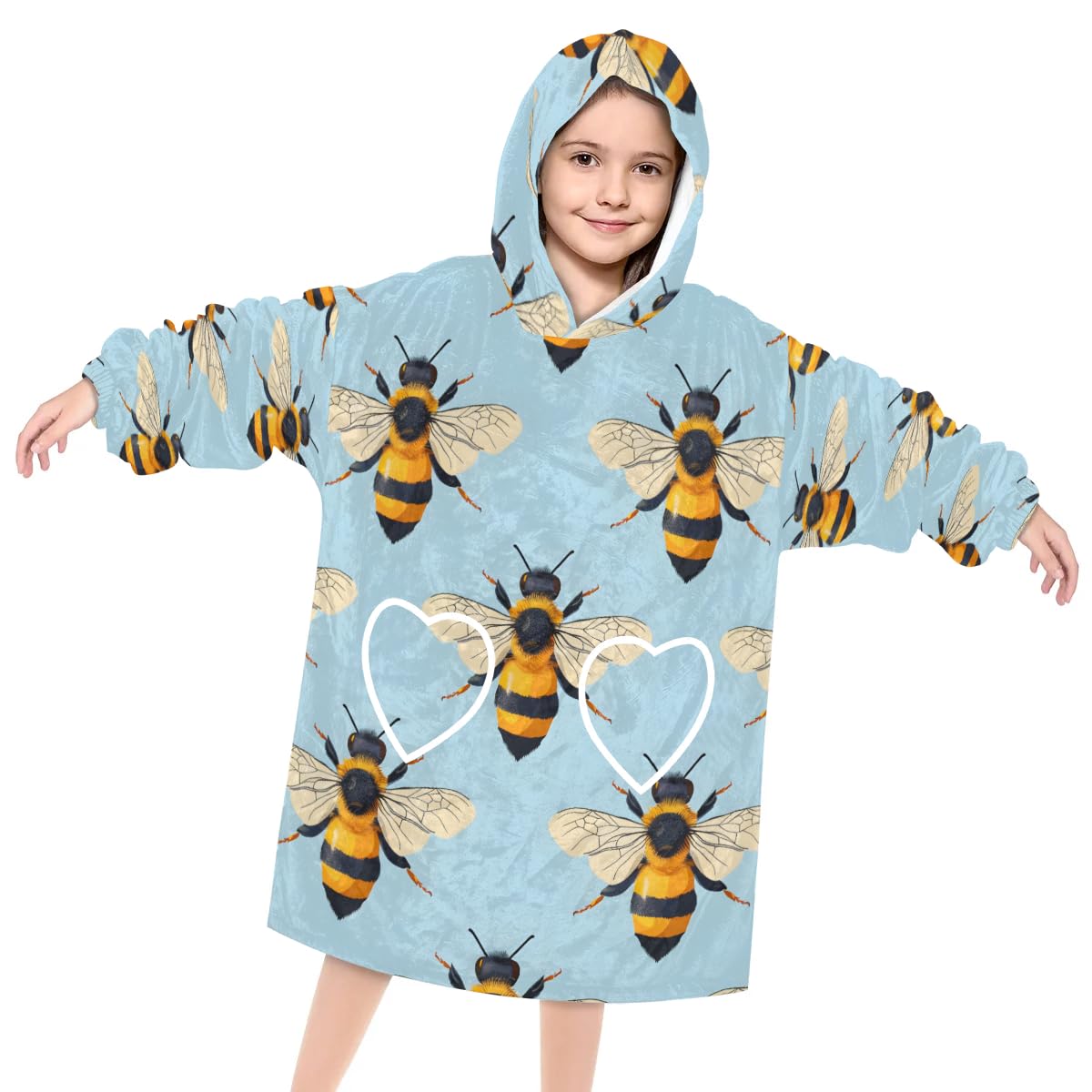 Pardick Wearable Blanket Hoodie for Kids, Tiny Bee Fleece Sweatshirt Blanket Oversized Blanket Sweatshirt with Pocket Flannel Warm Hooded Blanket 6-10 Year Old Girl Boy Gift, One Size