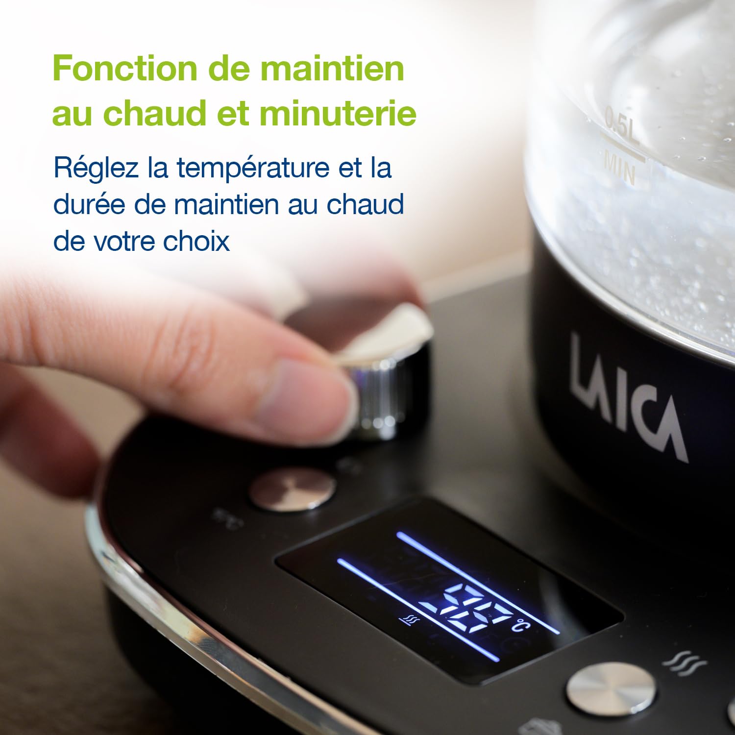 Bouilloire électrique filtrante ISEO de LAICA, capacité de 1 litre avec 7 réglages de température, fonction de maintien au chaud et minuterie + 1 cartouche filtrante pour thé et café Bi-flux, 2.5 kW
