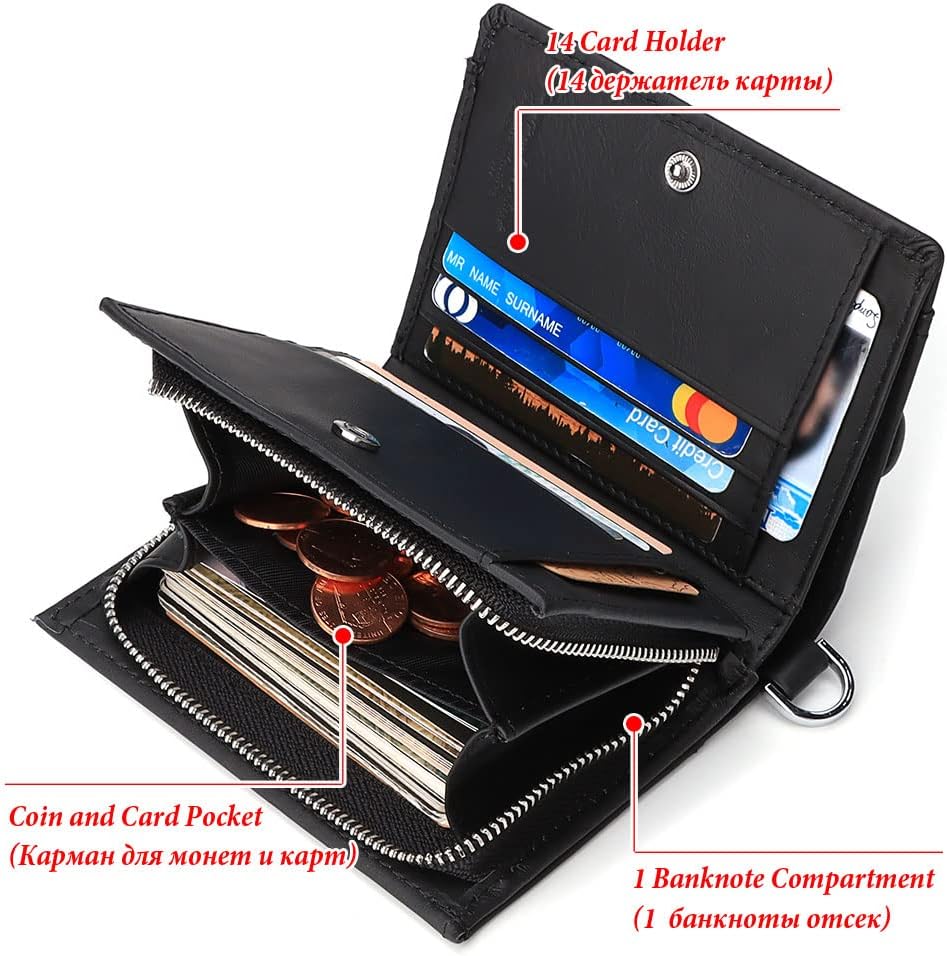 gzcz Mens Wallets with Chain Genuine Leather Bifold Wallet for Mens Rfid Blocking Mens Purse With Credit Card (Black) - Image 3