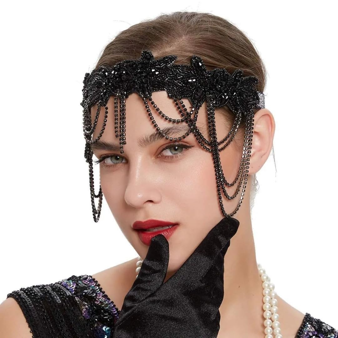 1920s Gatsby Accessories for Women 1920s Headband Great Gatsby Flapper Headpiece Black Roaring Vintage Headband Girls Headpiece Chain Fascinator for 20s Gatsby Themed Party Costume Hair Accessory โ image 1