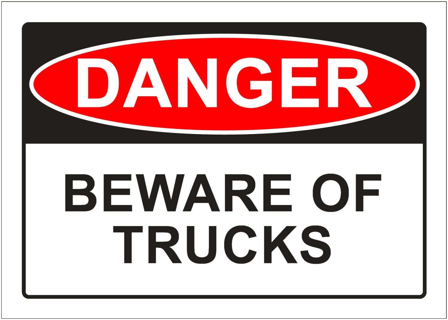 Beware Of Trucks Danger Sign, 12x8 Metal Tin Sign, vehicle warning for factory roads, logistics yards and freight passing areas.