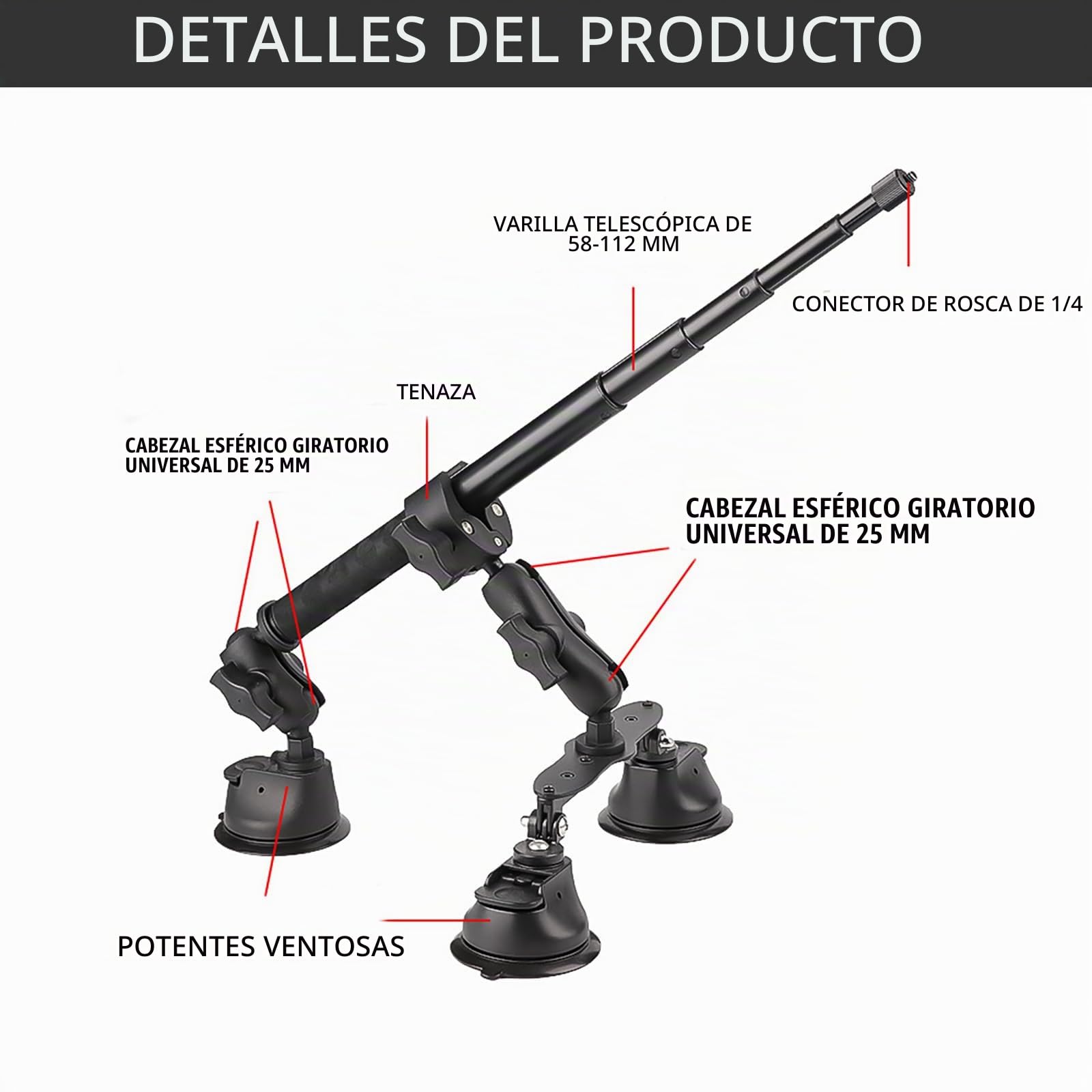 NEWFUN Soporte Camara, Soporte de Ventosa para Coche Kit, Kit Montaje Coche Triple Ventosa, 112 cm Selfie-Stick, Saugnapfhalterung für Dachkamera, Dritte Person Autohalterung für Insta360/Gopro