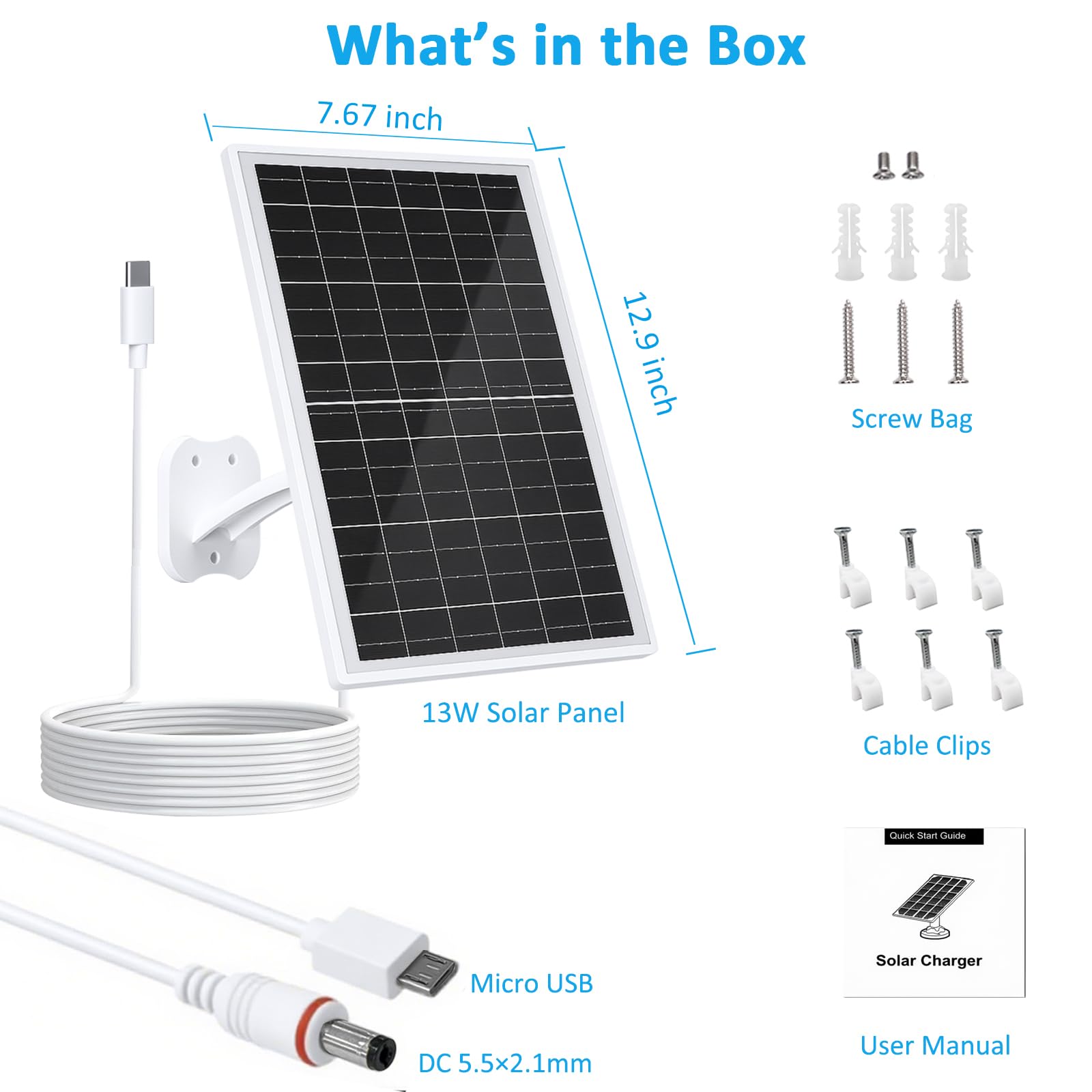 FUTUREZEN Panel solar de 13 W para cámaras de seguridad y cámaras de sendero, USB-C, micro USB y salida CC de 5,5 x 2,1 mm, impermeable IP66, montaje ajustable de 360°, cable de 7.2 pies