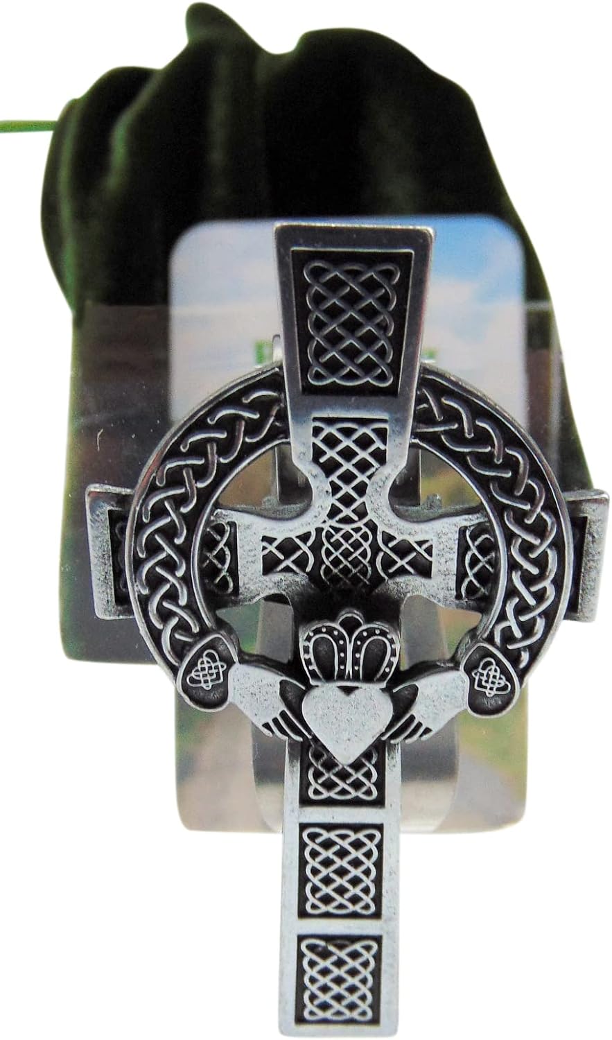 Westmon Works Irish Visor Clip with Celtic Cross of Ireland and Claddagh Pewter Car Auto Decoration with Blessing Prayer Card for Drivers