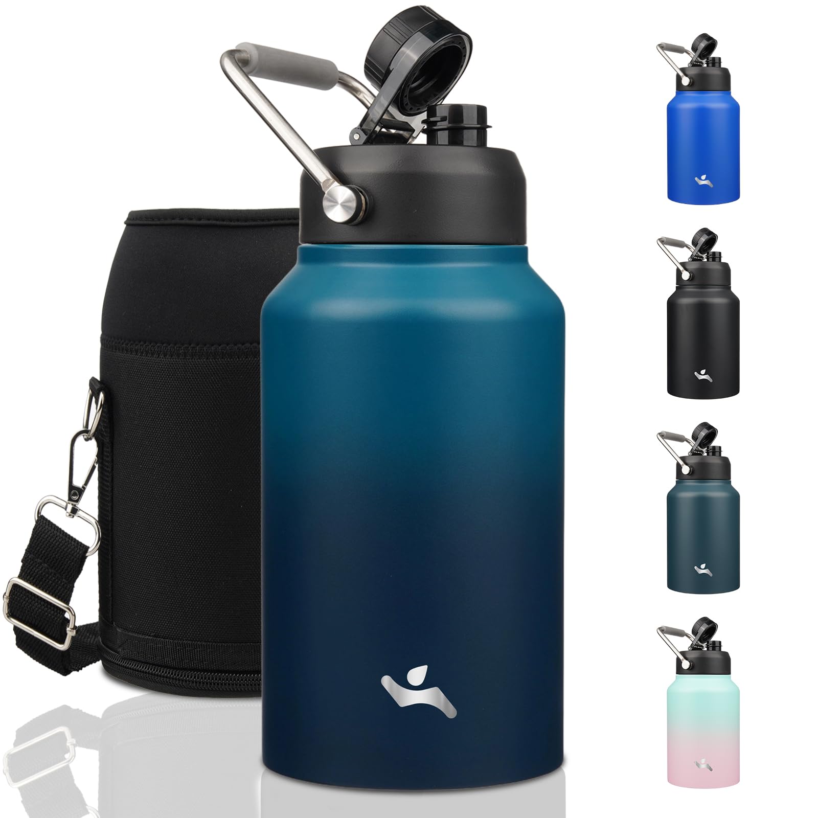 Konokyo Jug with Handle,87 oz Insulated Water Bottle with Carrying Pouch, Double Wall Vacuum Stainless Steel Metal Bottle,Indigo Black