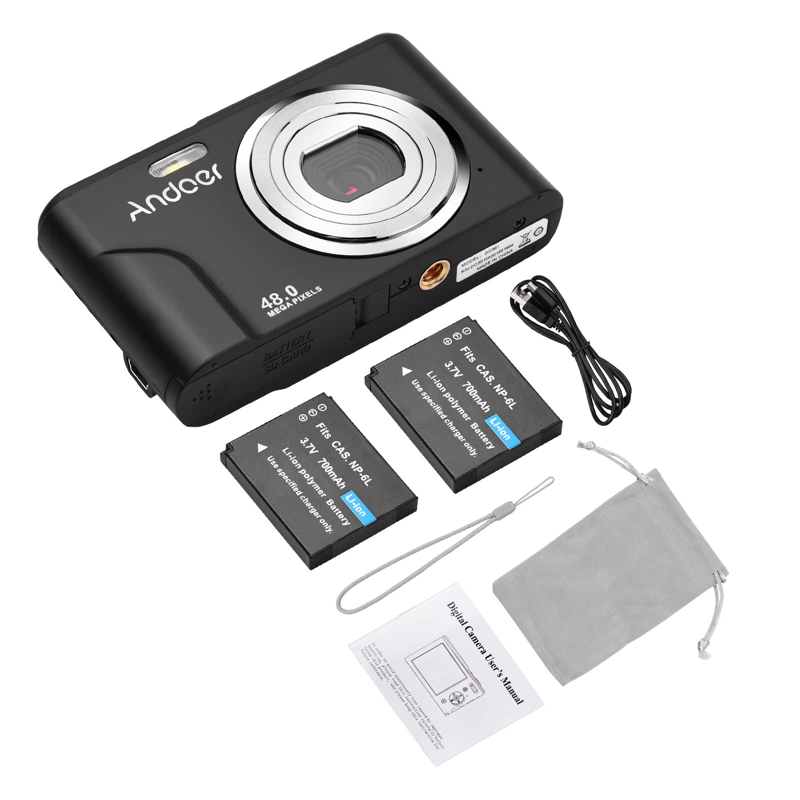 Andoer Aparat cyfrowy 48 MP 1080p 2,4-calowy ekran IPS 16-krotny zoom autofokus samowyzwalacz 128 GB rozszerzona pamięć, rozpoznawanie twarzy, funkcja anti-shaking z 2 bateriami, pasek na rękę, torba do przenoszenia