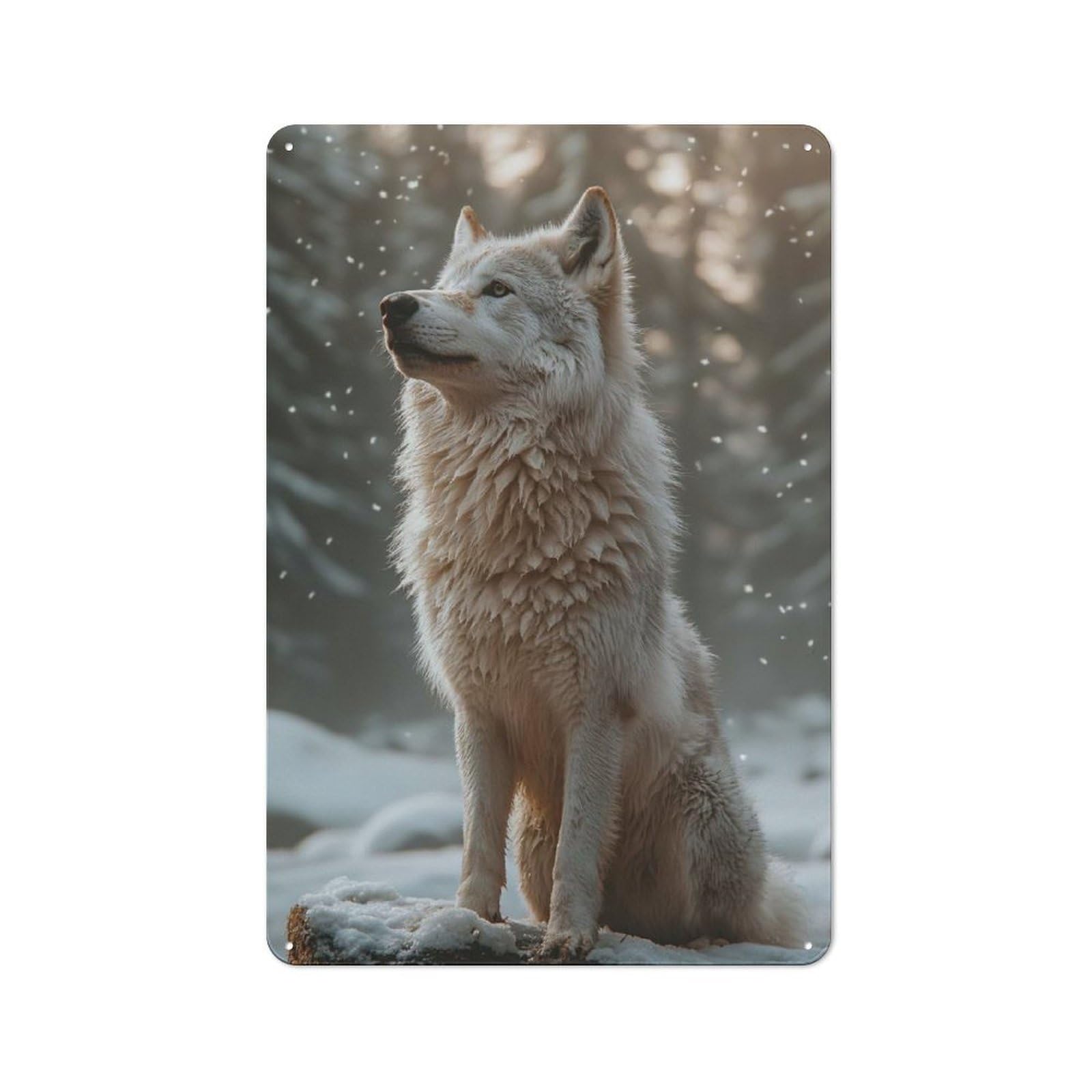 Junmoney Style-9 Character Decorative Tin Plaque 30X20cm Featuring White Wolf In Winter Forest, Home Wall Decor For Flat, Dorm Room, Lounge Or Cafe