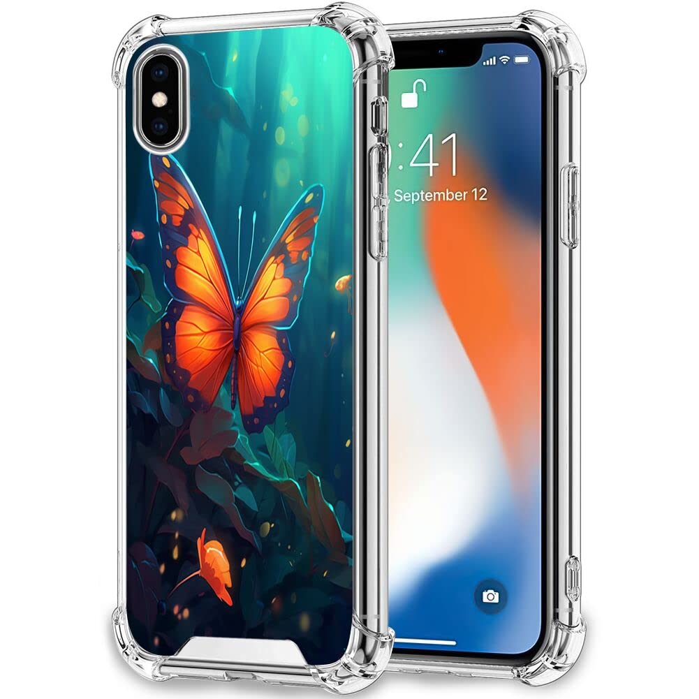 SHENCANG BLUE Case for iPhone X/Xs with Colorful Butterfly Designer-116 Pattern Clear Frame Slim Transparent Soft TPU Shock-Proof Four Corners Reinforced Mobile Phone Case