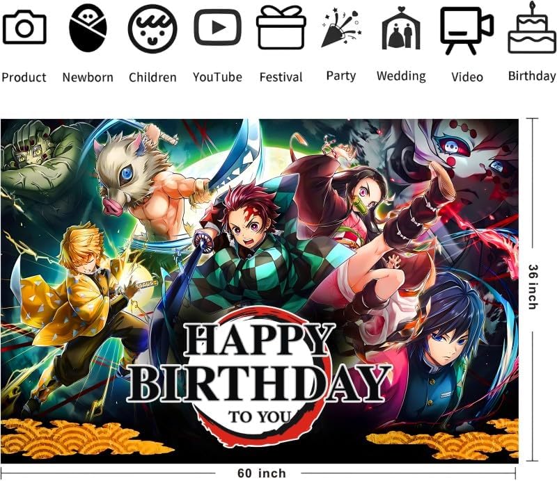 Demon Birthday Party Decorations, 5x3ft Happy Birthday Back Drop Banner Theme Backdrop Banner for Slayer Party Decorations Indoor Outdoor.