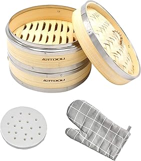 Cuiseur vapeur en bambou - 2 étages - 20 cm - Avec couvercle - 50 feuilles de papier - 1 gant - Panier vapeur en bambou avec bande en acier inoxydable - Pour légumes, viande, poisson, dumping
