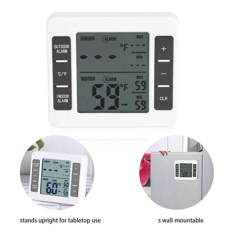 Digitale Termometro per Frigorifero Senza Fili Termometro del Frigorifero di Facile Lettura Internoesterno con Ampio Display LCD Memoria ad Alta Temperatura Bassa e Funzione di Allarme Udibile