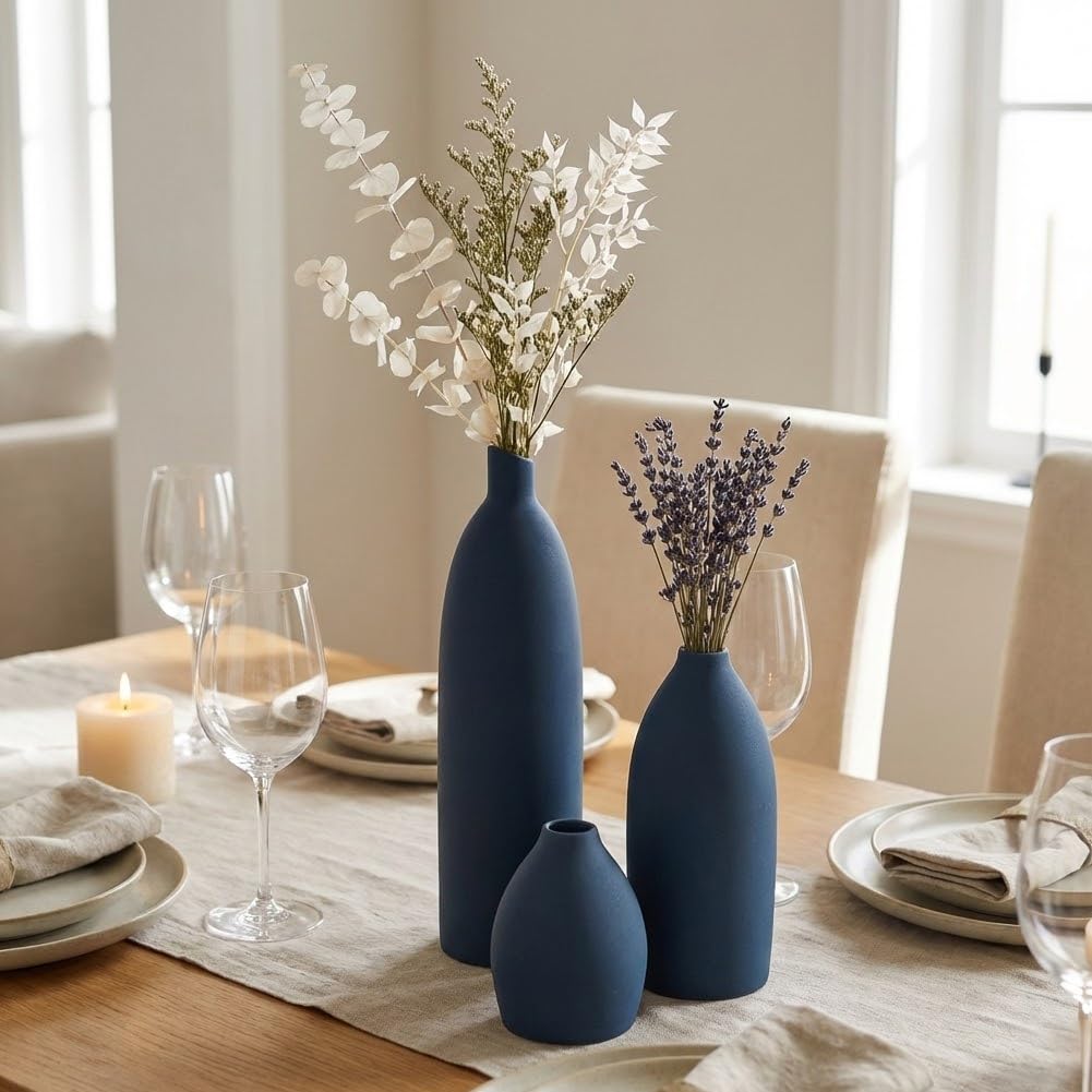 Keramik Vase 3er Set - Moderne Dekorative Vasen, Kleine Blumen Keramik Vase Sets, Boho Bauernhaus Rustikale Vasen für Wohnzimmer, Küche, Schlafzimmer, Badezimmer, Regal, Tisch (Blau)